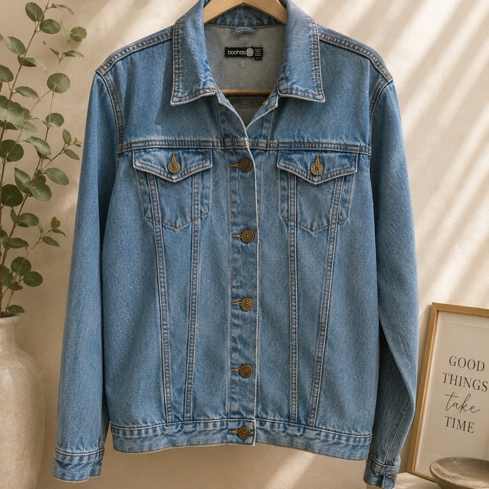 Boohoo Light Wash Denim Jacket | Classic Button Front Jean Jacket